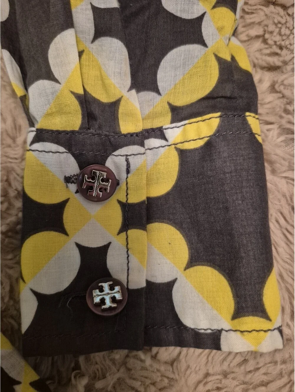 Tory Burch Gray Yellow Circular Buttoned Stephanie Tunic Blouse Shirt Size 4